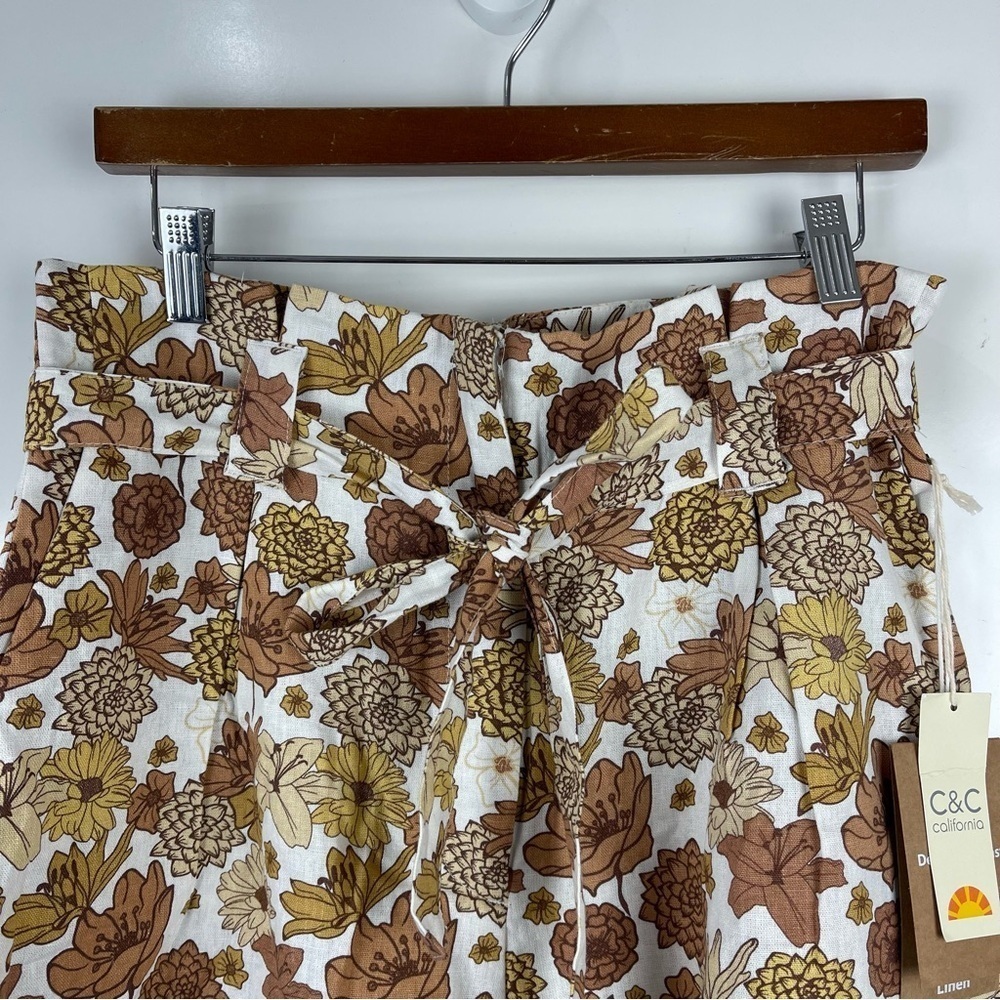 NEW C&C California Brown Floral Linen Paperbag High Waist Shorts Women's Size 6 - Picture 3 of 7
